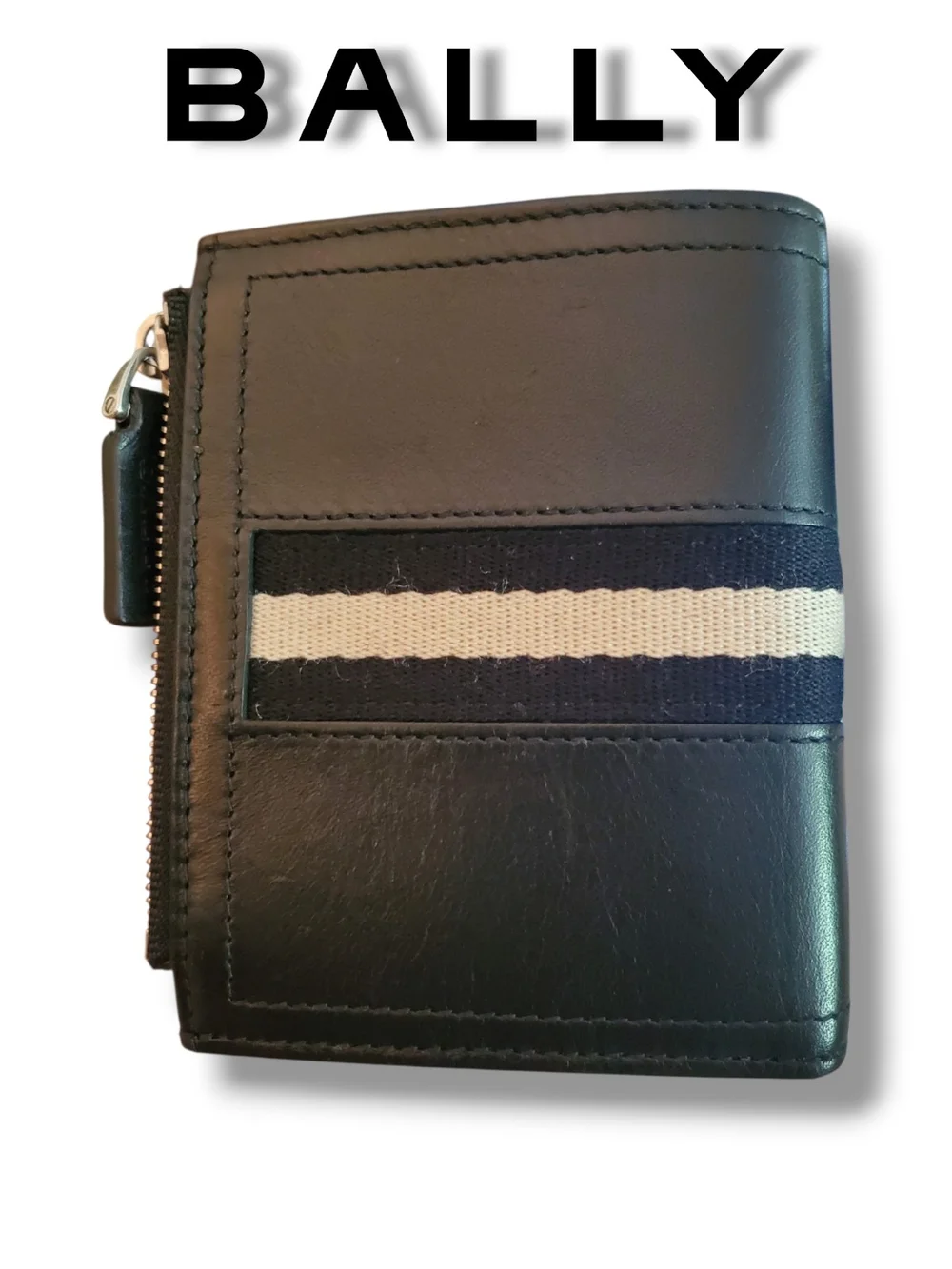 Authentic Bally Black Leather Striped Bifold Compact Wallet with Side Zip